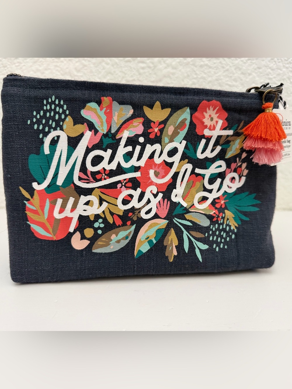 Making It Up As I Go Linen Zip Cosmetic Pouch